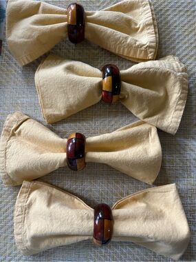 Yellow Linen Napkins with Multicolor Wood Ring Napkin Holders - Set of 4